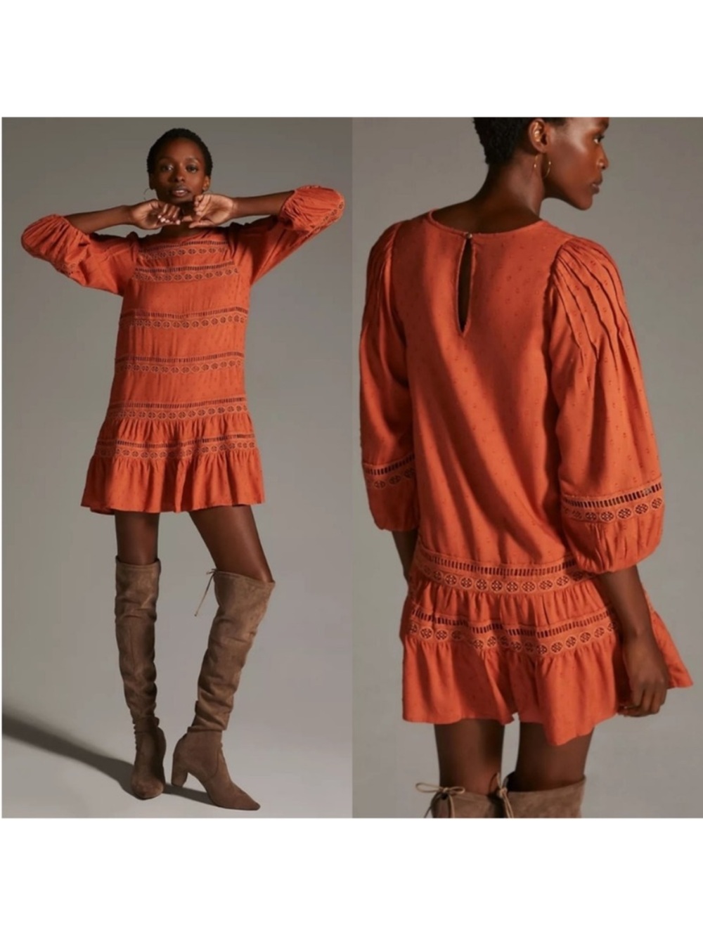 Anthropologie Rust Orange Swiss Dot Eyelet Lace Puff Sleeve Tiered Mini Dress XS